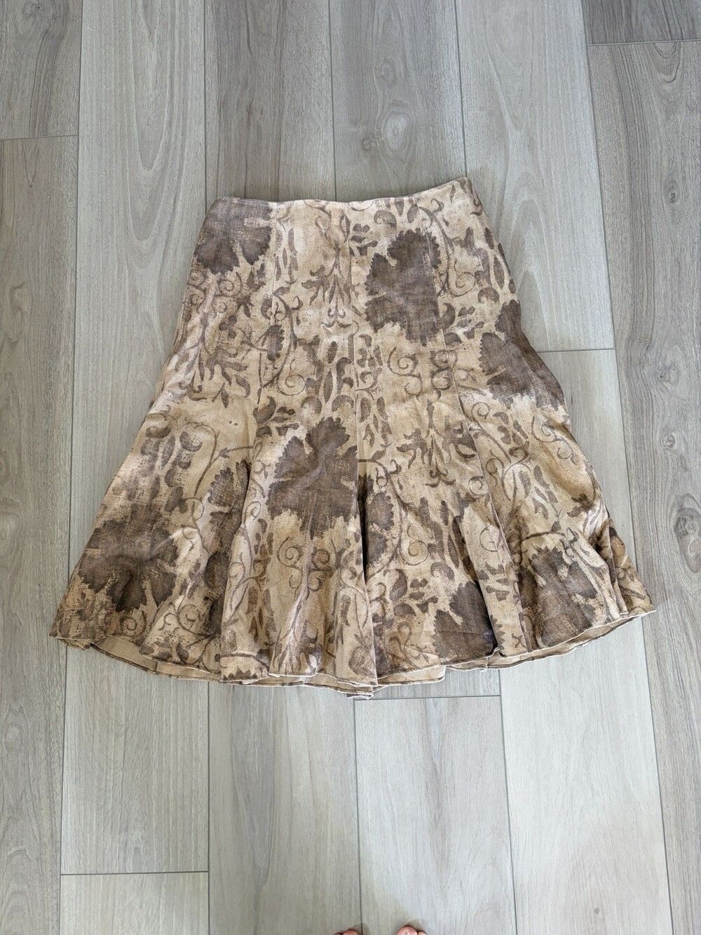 RALPH LAUREN 100% Linen Brown Antique Floral Panel Tulip Flared Midi Skirt 14